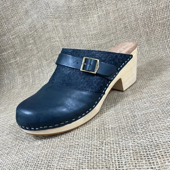 Toms Clog Wood Heel Black Leather Women size 10 - Picture 1 of 11